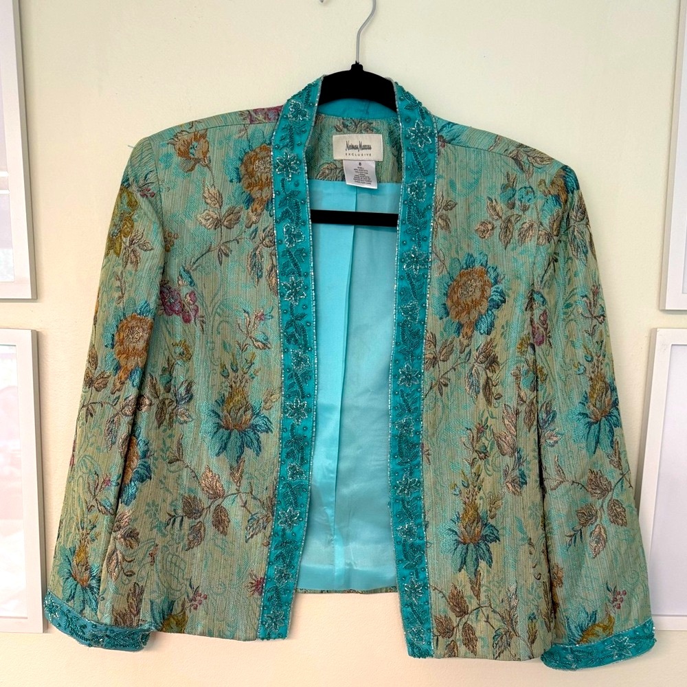 Vintage Neiman Marcus Blue Brocade Beaded Open Jacket Size 8 Made in USA